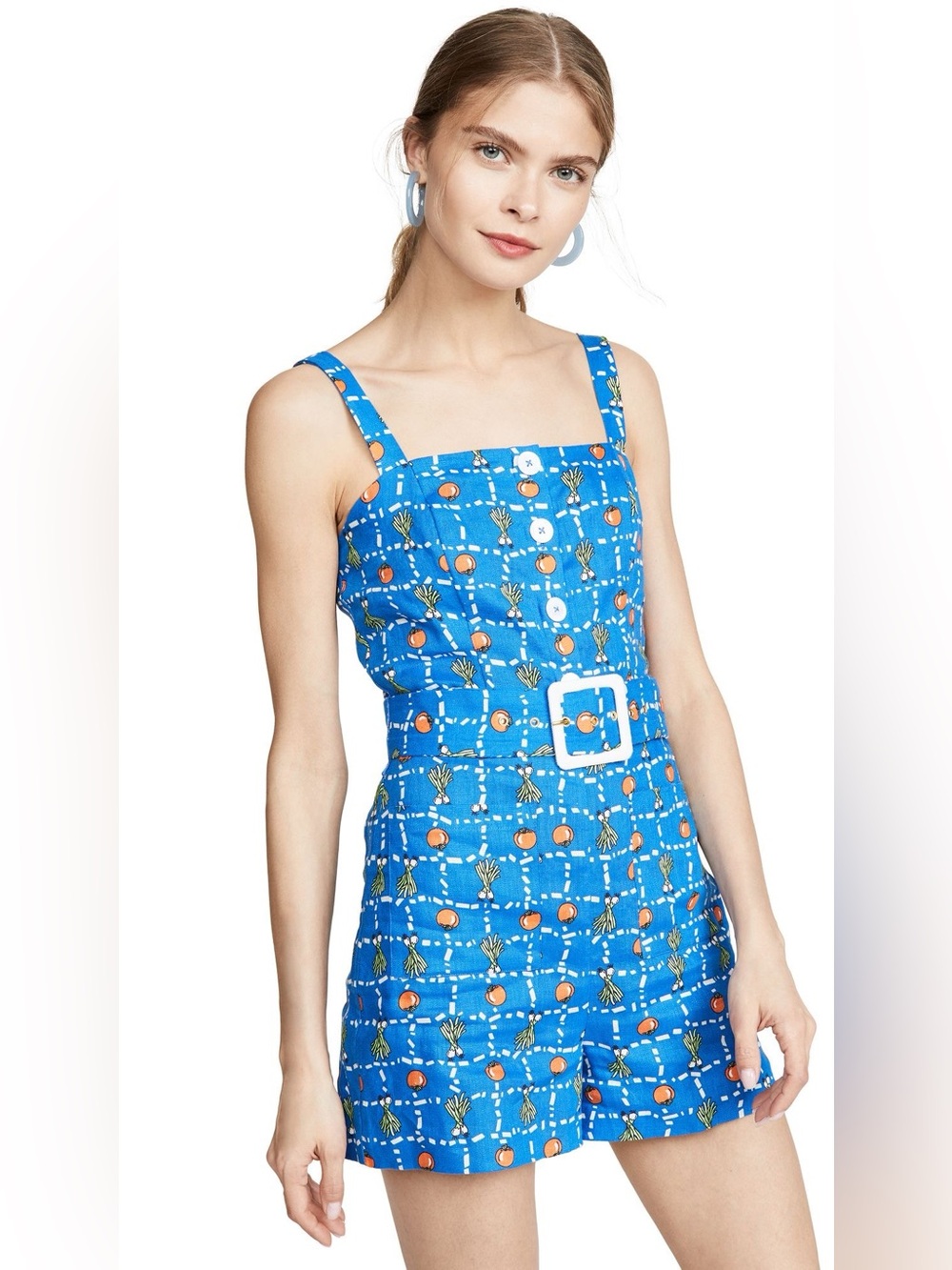 Staud Pomelo print blue veggie linen playsuit romper size 4 S Small